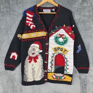 VTG Northern Isles Christmas Sweater Large Hand Knit Cardigan Holiday Dog Chunky
